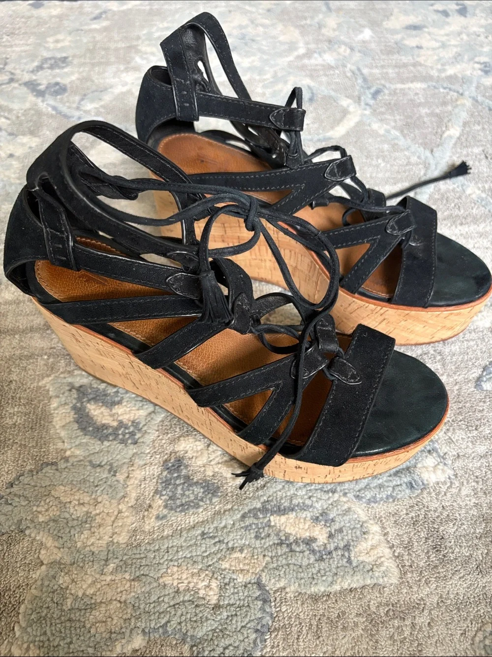 Frye Black Suede Lace-Up Platform Sandals
